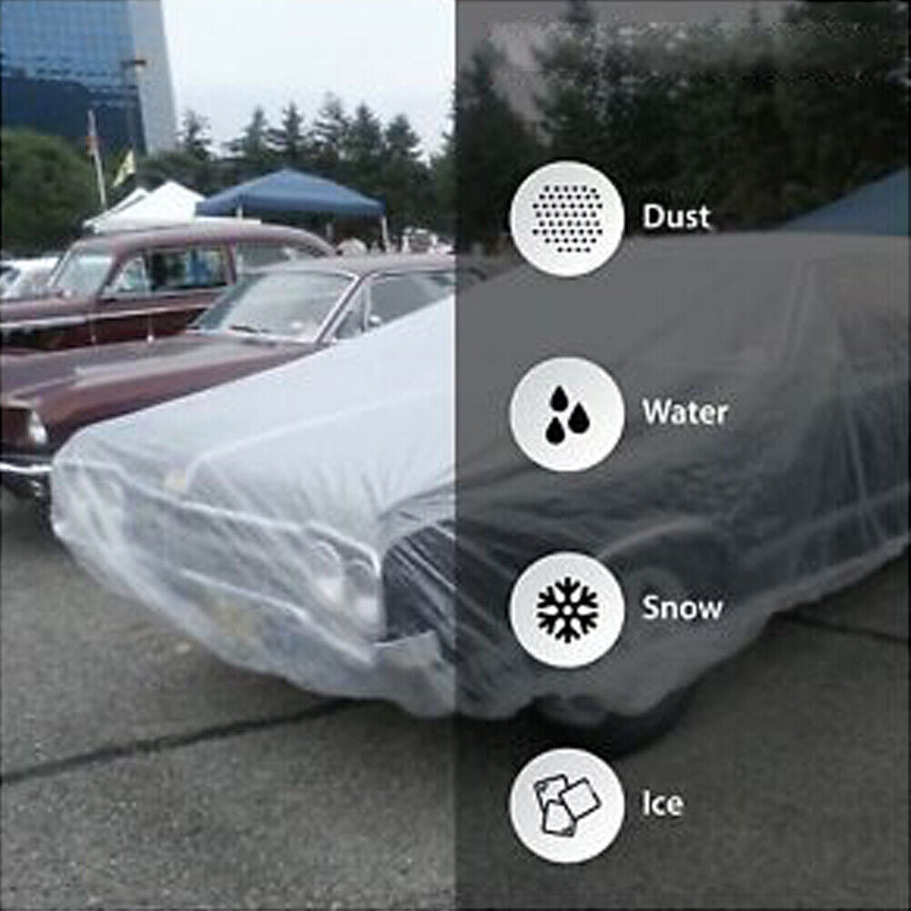 US 5-10Pc Clear Plastic Car Cover Dust Rain Elastic Band Disposable Auto Protect