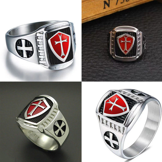US 1-2 Pack Mens Shield Cross Knights Templar Ring Silver Stainless Steel