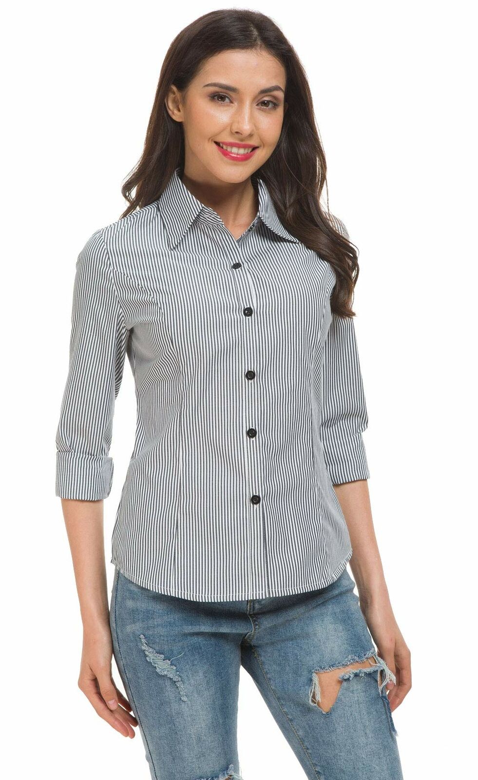 Women's Basic Tailored Vertical Stripes Button Down Shirt Long Sleeve  Blouse