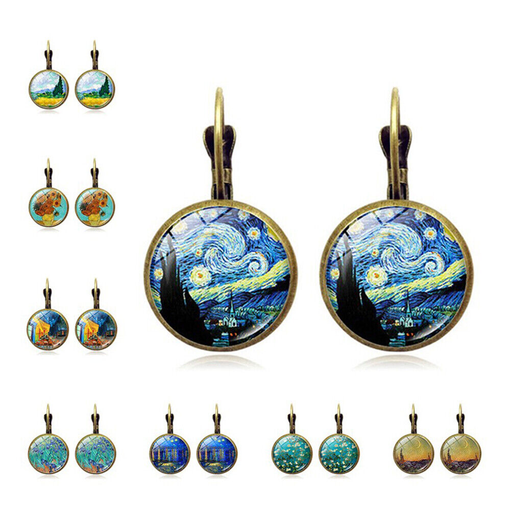 US Starry Night Van Gogh Sunflower Landscape Painting Glass Drop Dangle Earrings