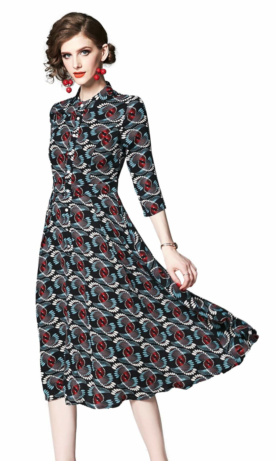 Women's Vintage Floral Printed Lotus Sleeves Elastic Waist  Cocktail Dress