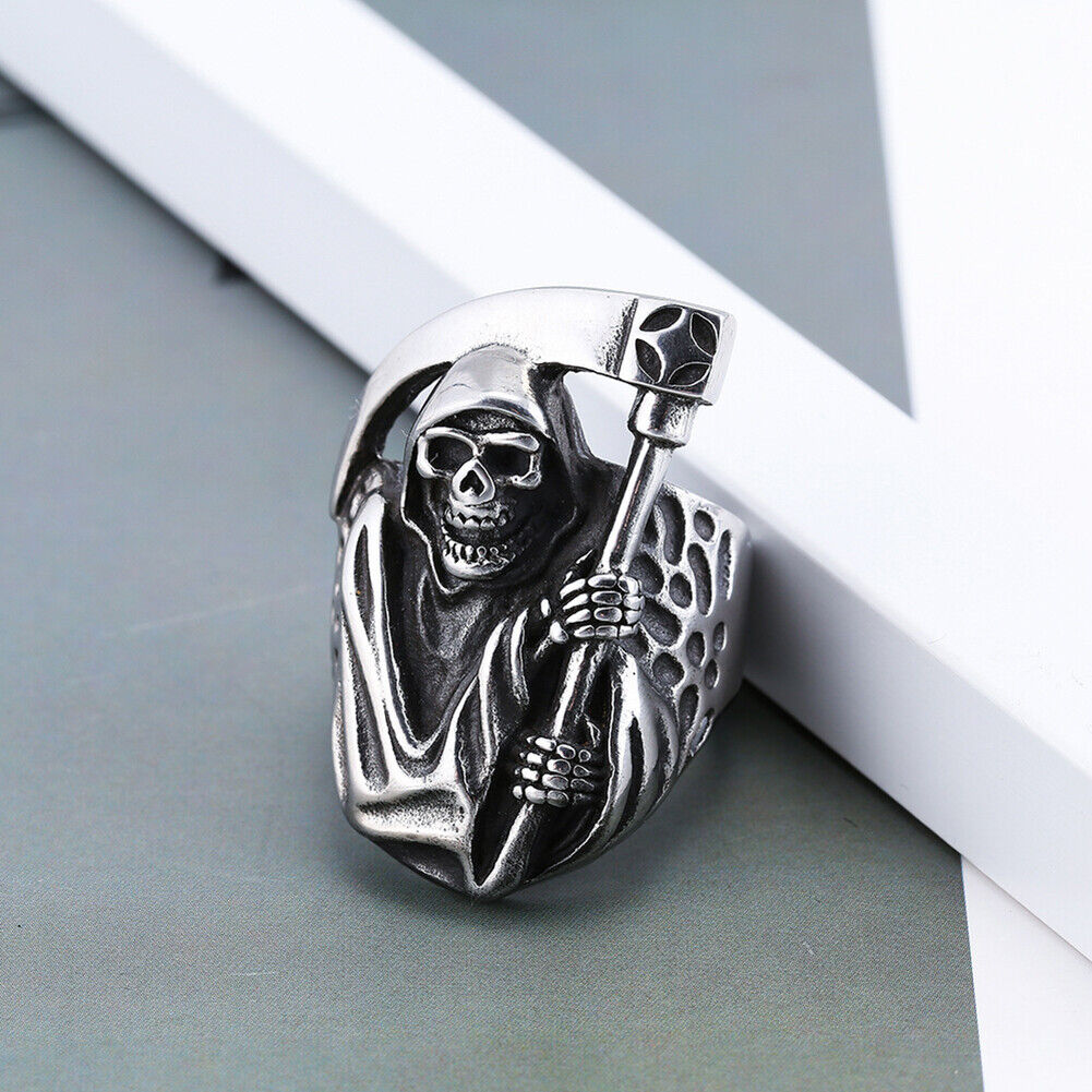 US 2 Pack Mens Biker Goth Death Skull Grim Reaper Ring Stainless Steel Size 8-12