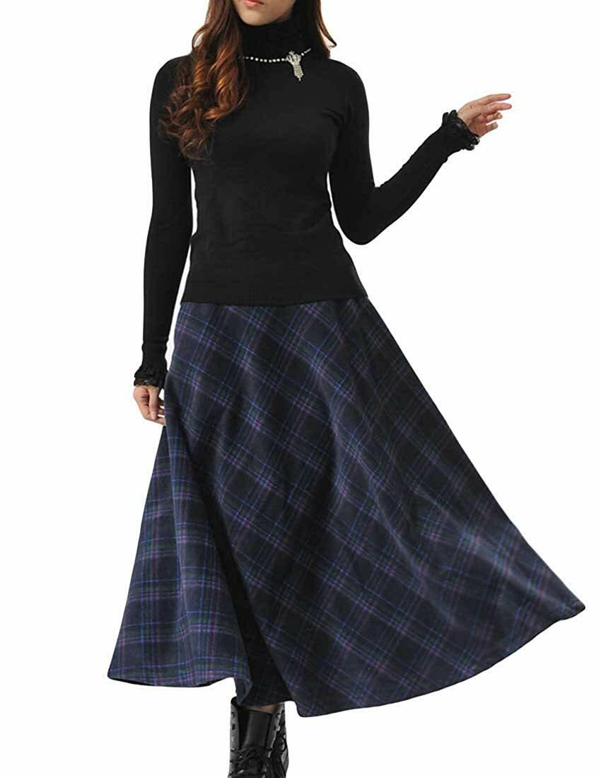 MFrannie Women's Thicken Wool Fashional Classy Grid Long Skirt With Pocket Fine