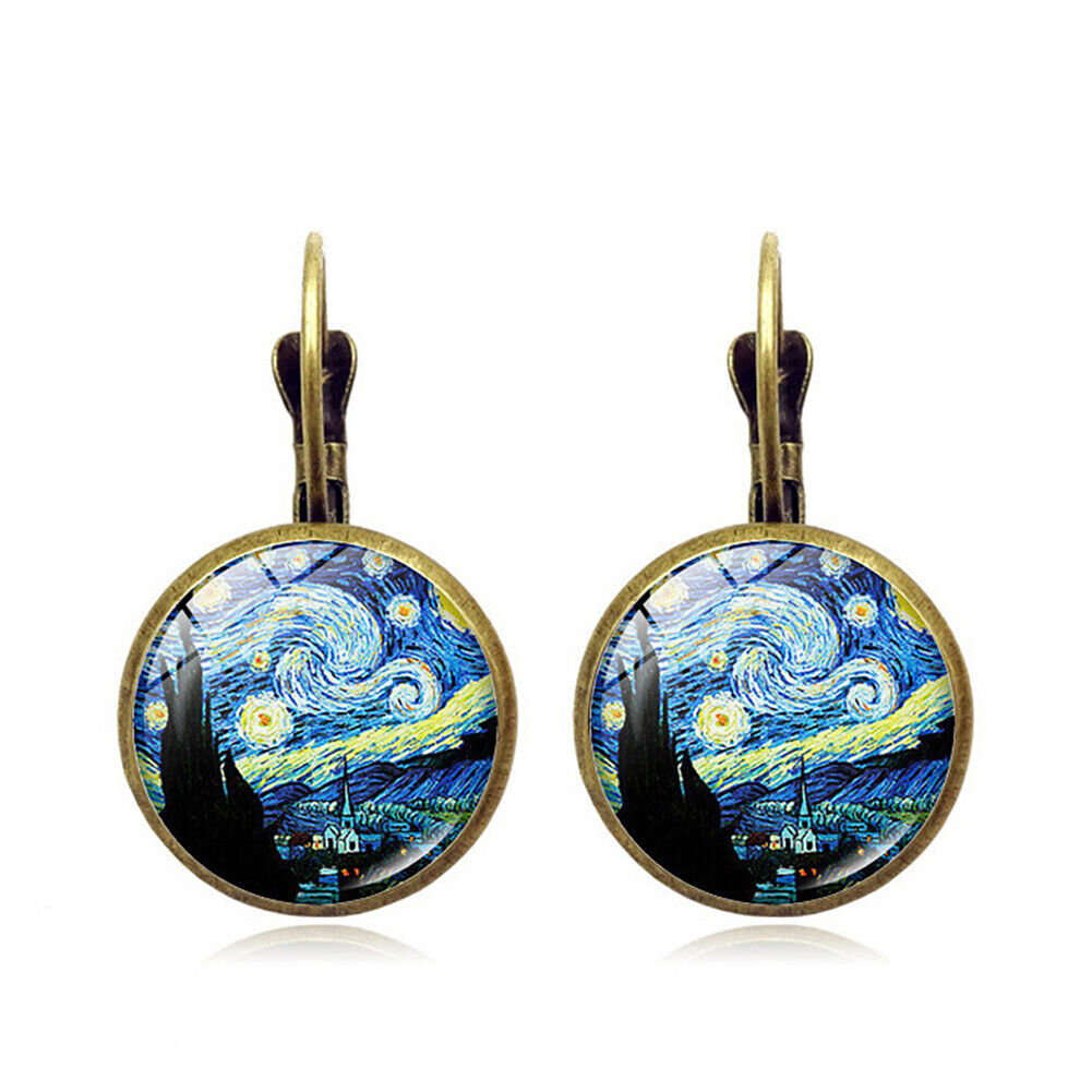 US Starry Night Van Gogh Sunflower Landscape Painting Glass Drop Dangle Earrings