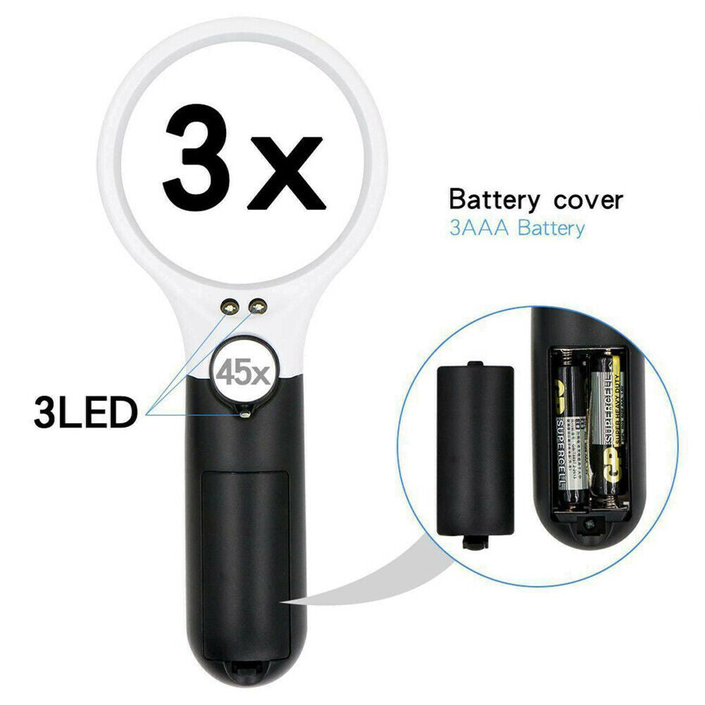 US 2-4 Pc 3-LED Light Magnifier Jewelry Loupe Lens 45X Handheld Magnifying Glass