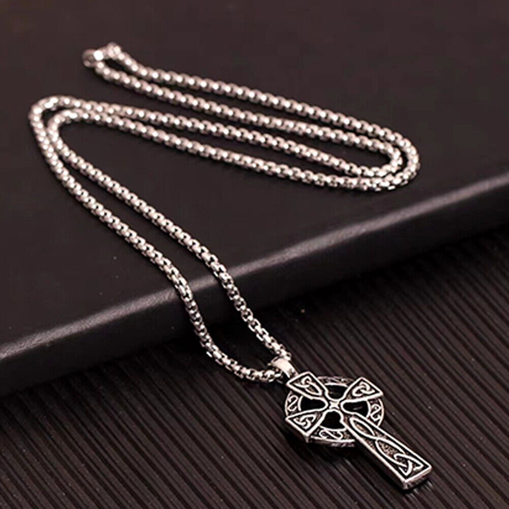 US 2-4 Pack Mens Stainless Steel Irish Celtic Knot Cross Pendant Necklace Silver