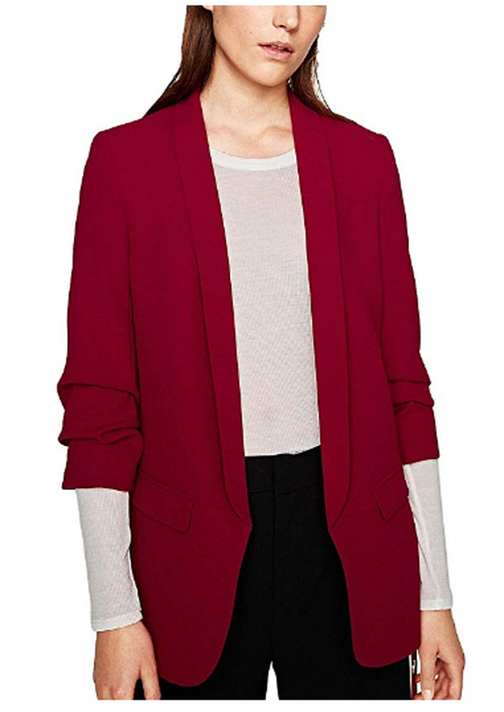 MFrannie Womens Solid Open Front Shirring 3/4 Sleeve Work Blazer