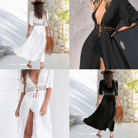 US Women Crochet Sexy V-neck Sleep Dress Summer Beach Wear Cover-Up Bathing Suit