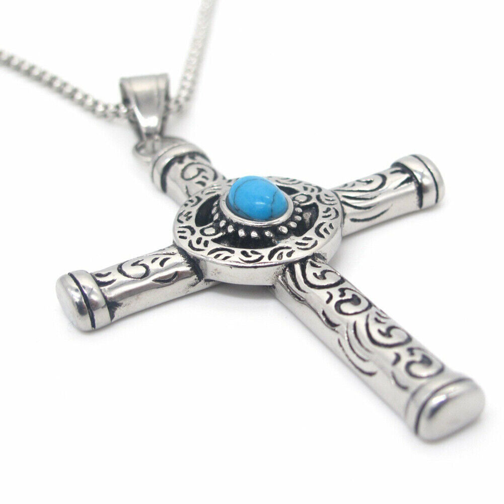 US Men Celtic Norse Turquoise Cross Stainless Steel Necklace Gothic Pendant