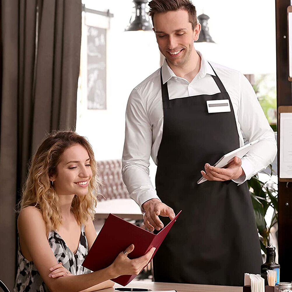 US 2-4 Pcs Waterproof Chef Apron Black Catering Cooking Kitchen Butcher 2 Pocket