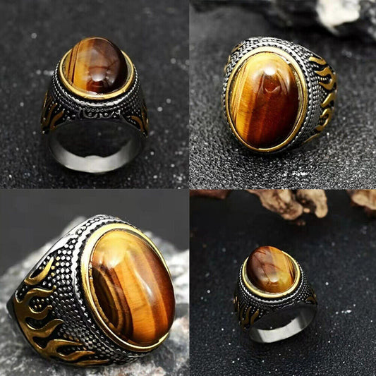 US 2Pc Mens Stainless Steel Gold Plated Oval Tiger Eye Stone Ring Size 7 8 9-11
