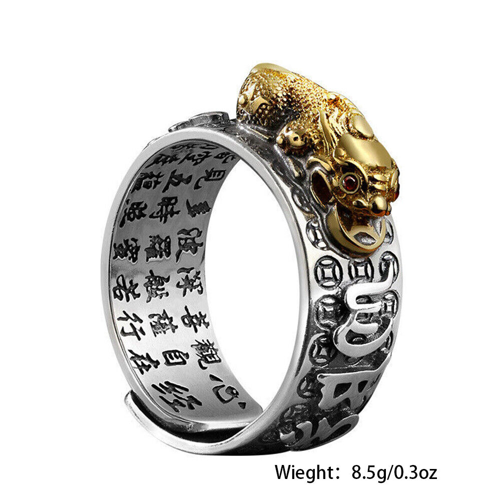 US 2-4Pc Silver Feng Shui Pixiu Adjustable Ring MANI Mantra Protection Wealth