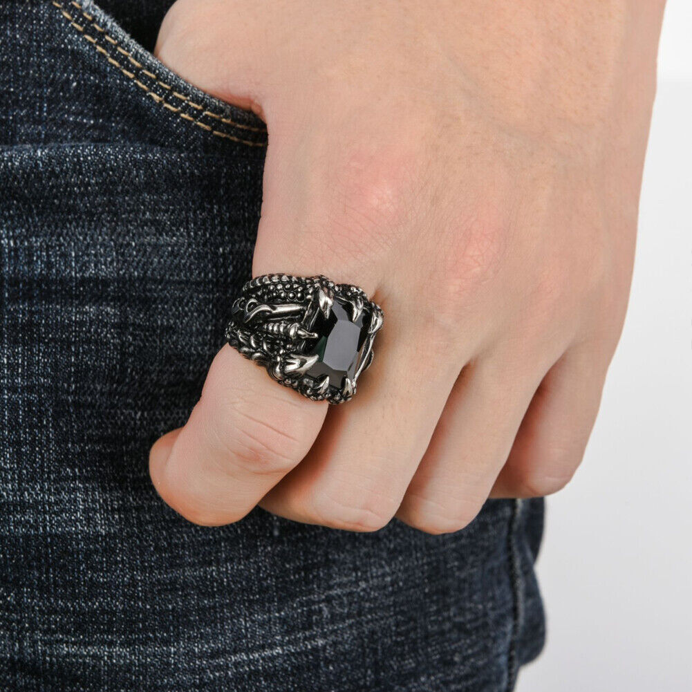 US 2 Pack Mens Stainless Steel Biker Black Onyx Dragon Claw Ring For Men