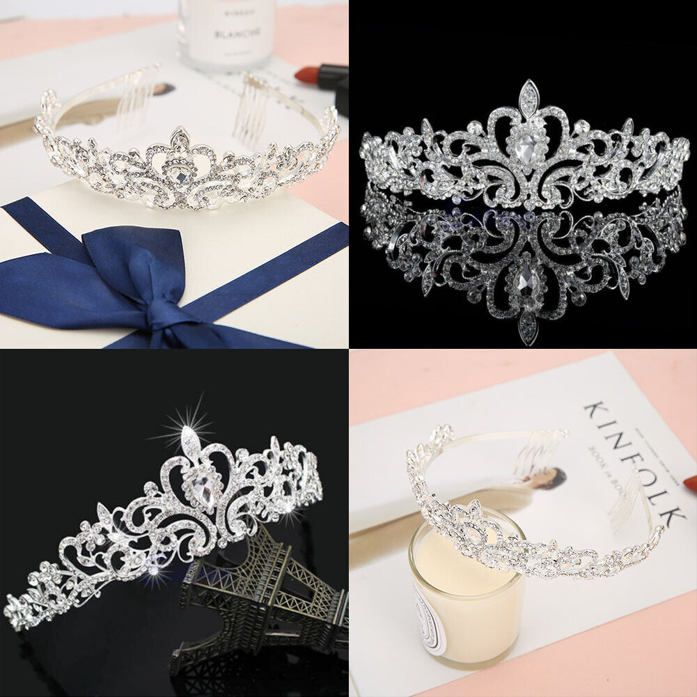 US 1-2 Silver Crystal Tiara Crown Wedding Bridal Princess Rhinestone Hair w/Comb