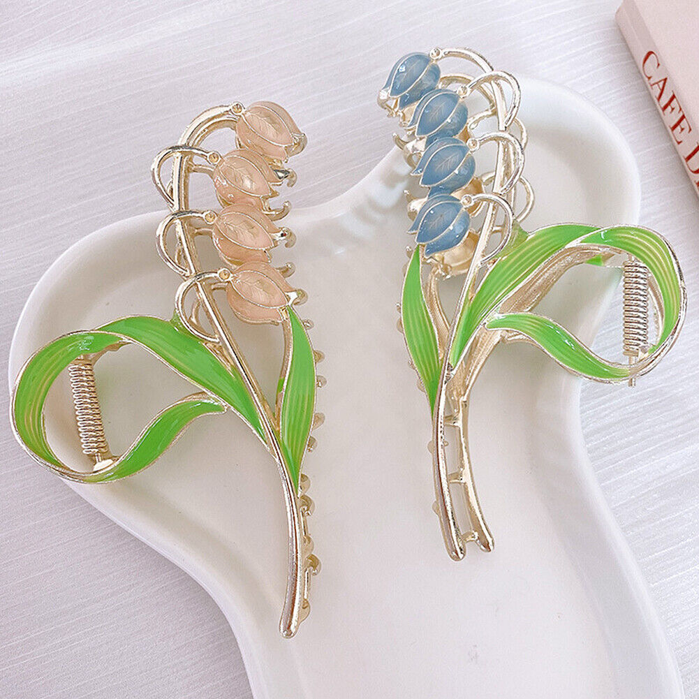 US 1~2Pcs Large Floral Flower Enamel Lily of The Valley Blossom String Hair Claw