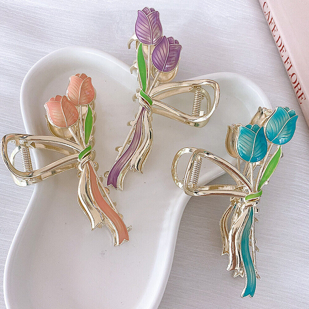 US 1~2 Pack Tulip Floral Enamel Large Metal Hair Claw Flower Blossom Hair Clips