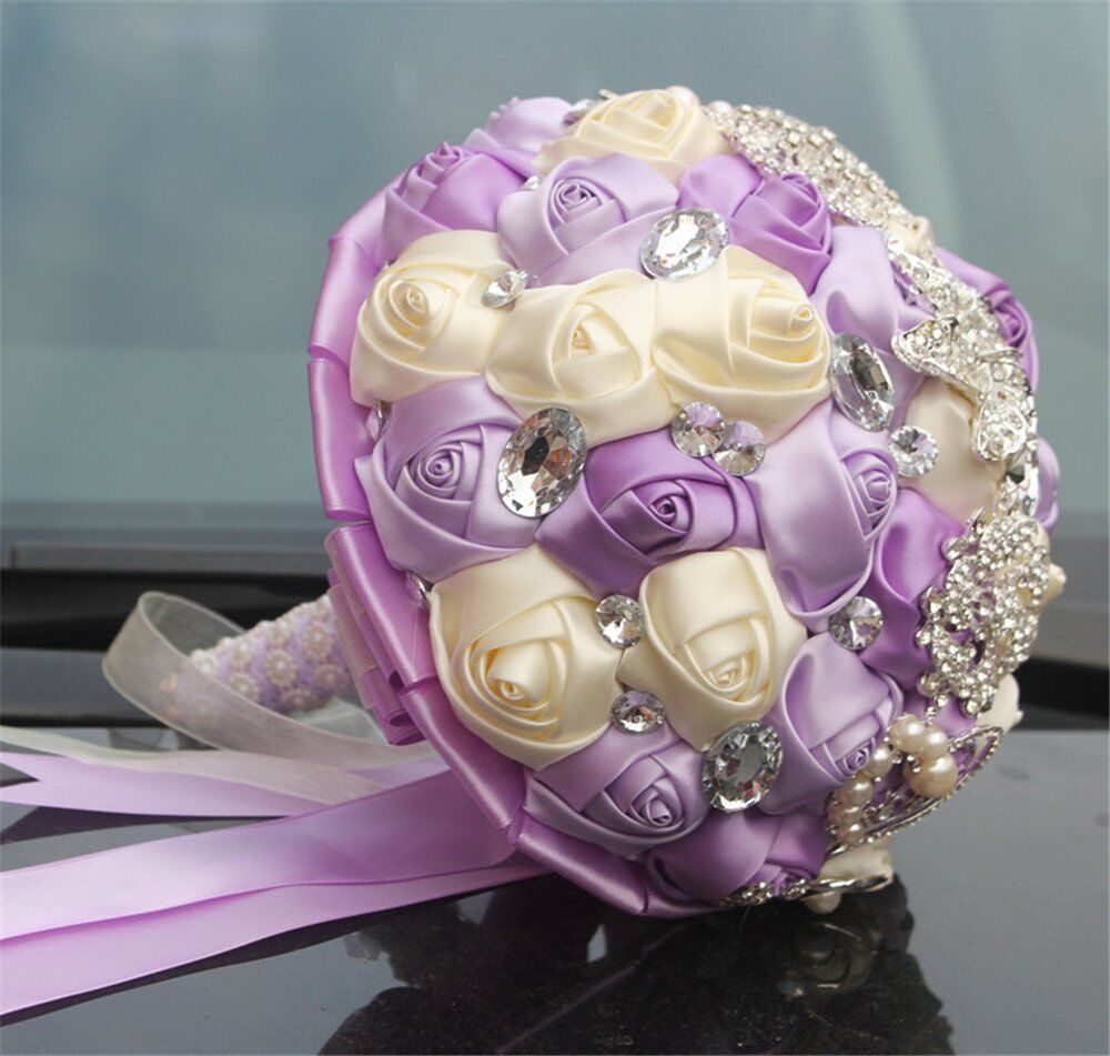 Bride Holding Bouquet Ribbon Rose Flowers Wedding Bouquet Rhinestone Brooch