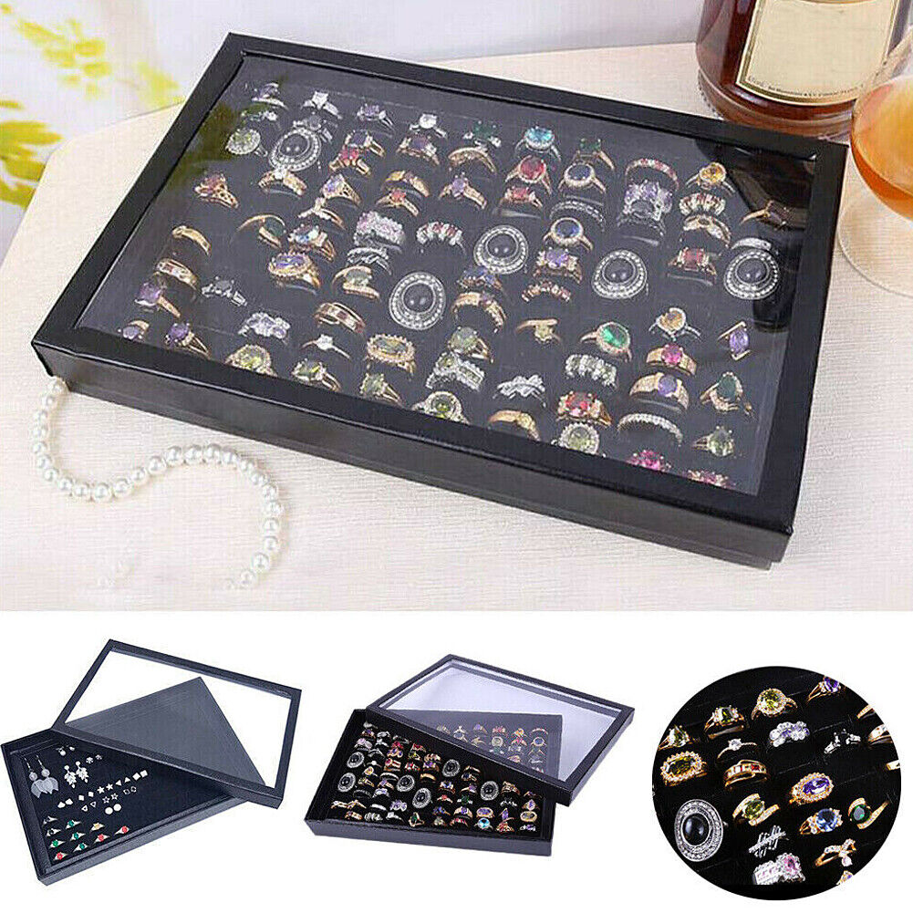 US 1-2 Pack 100 Slots Jewelry Ring Display Tray Holder Earrings Organizer w/ Lid