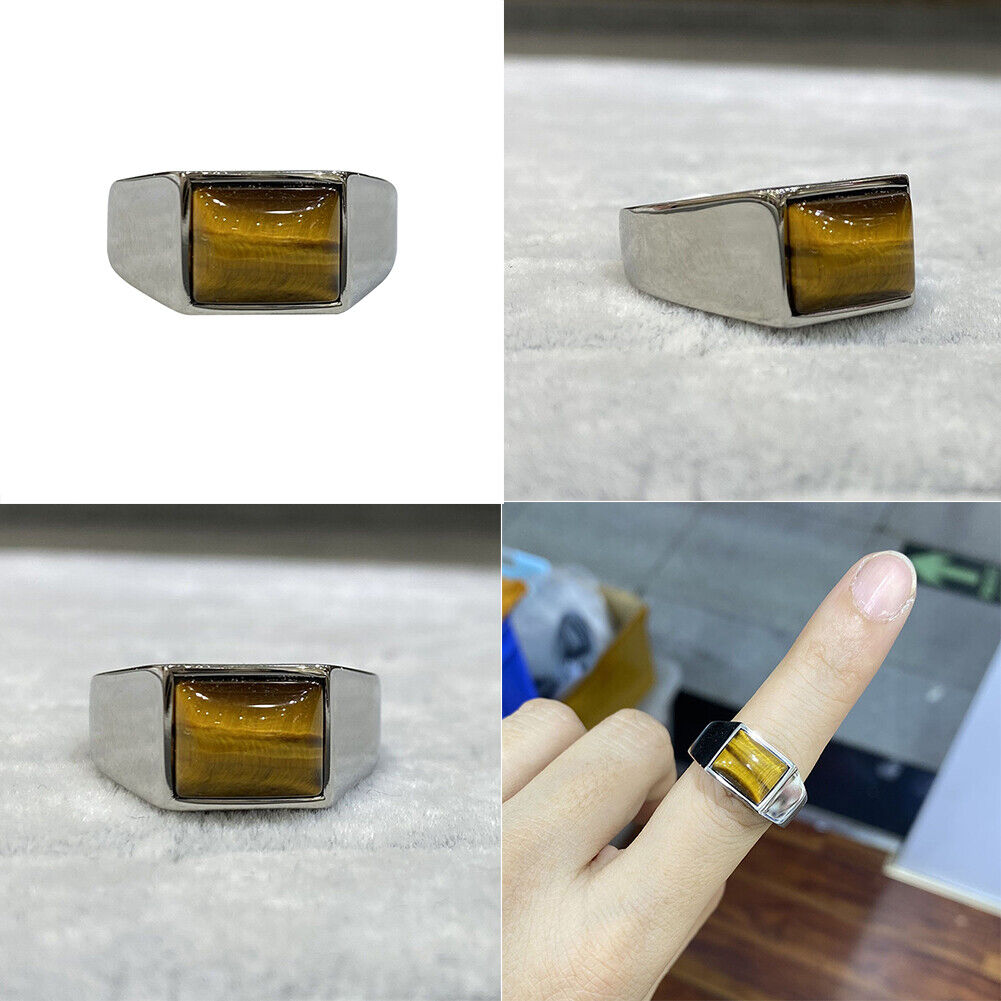 US Mens Stainless Steel Natural Tiger Eye Stone Ring For Men Size 7 8 8-11