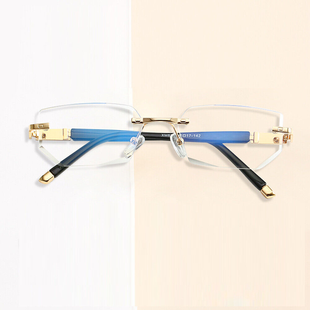 US Mens Diamond Shape Rimless Blue Light Blocking Reading Glasses Metal Readers