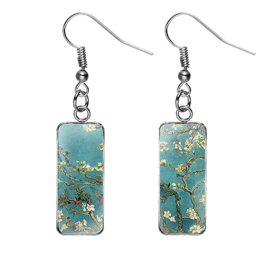 US Rectangle Starry Sky Sunflower Van Gogh Painting Glass Drop Dangle Earrings