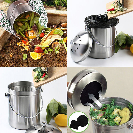 US Kitchen Compost Bin with Lid and 1.3 Gallon Compose Spare Charcoal Filter