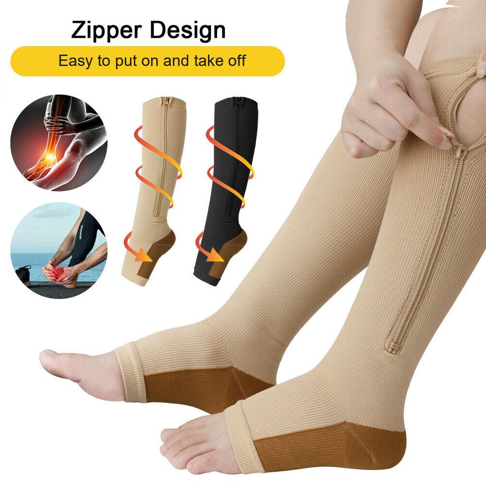 US 3 Pair Zipper Pressure Compression Sock Pain Relief Toeless Calf Leg Stocking