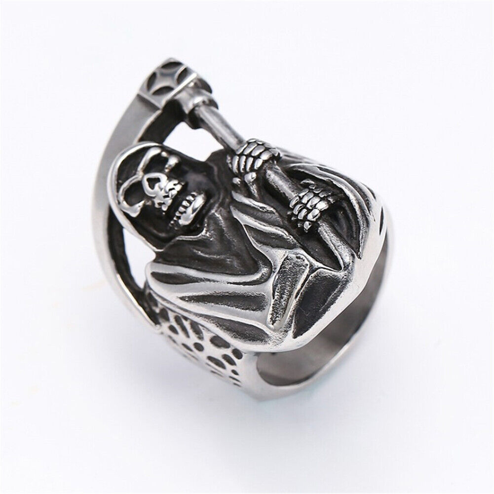 US 2 Pack Mens Biker Goth Death Skull Grim Reaper Ring Stainless Steel Size 8-12