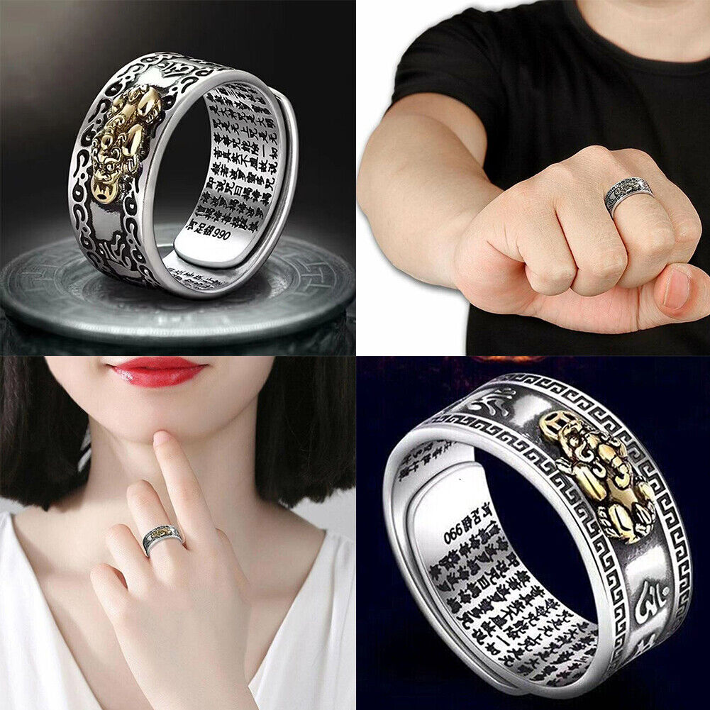 US 3-6 Pack Feng Shui Pixiu Mani Mantra Adjustable Ring Wealth Ring Lucky