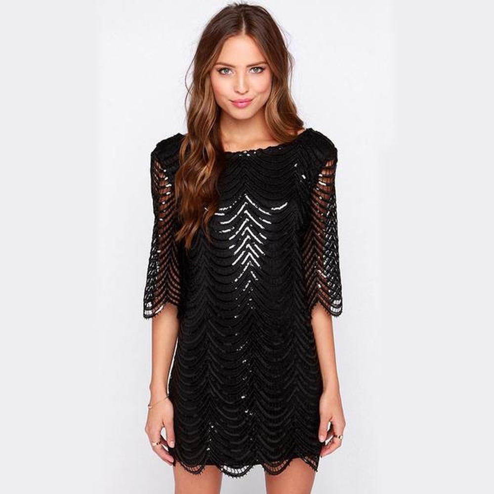HaoDuoYi Womens Sparkle Sequin Hollow Out Short Sleeves Mini Party Dress