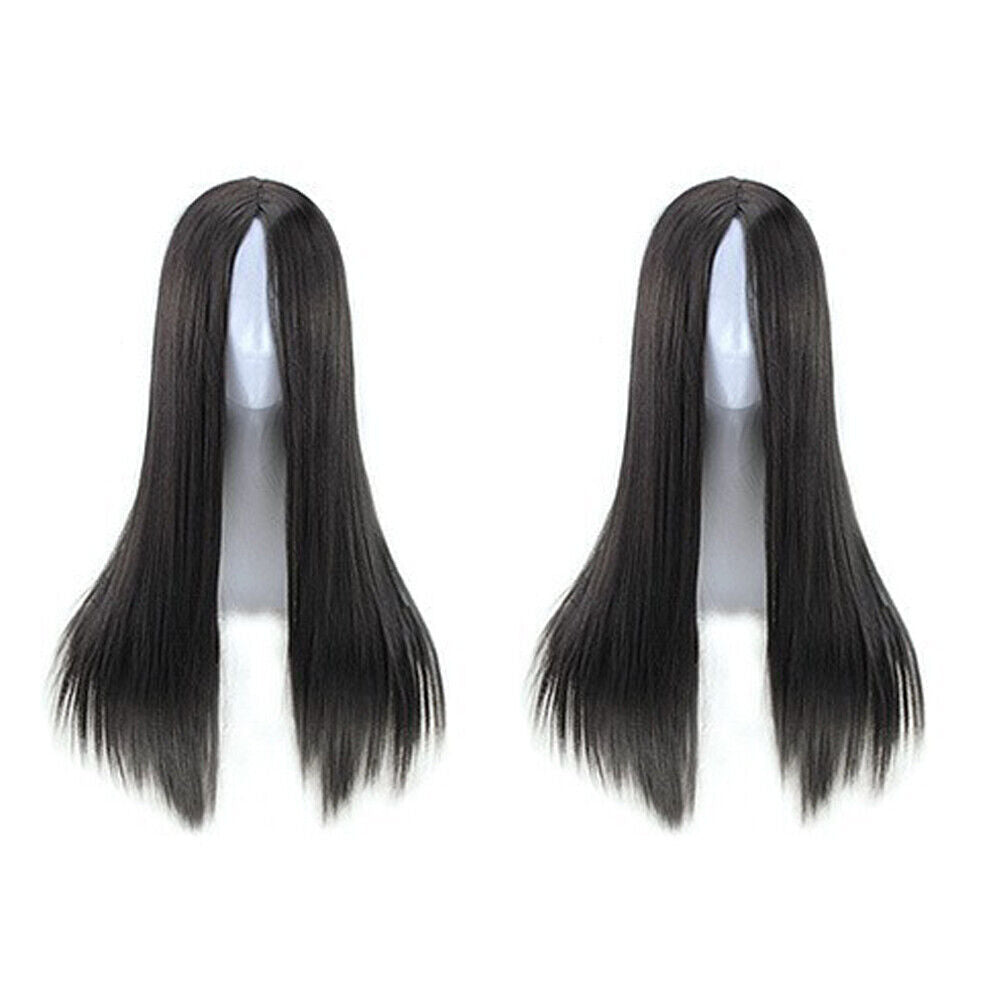 US 1-2 Pack Women Black Long Straight Heat Resistant Human Hair Wig Natural