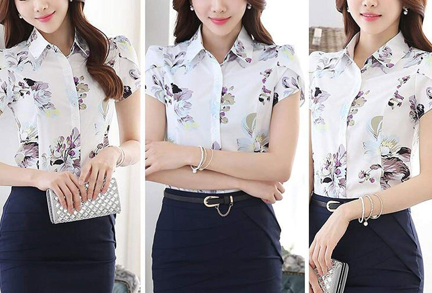 Women Cotton Collared Pleated Button Down Shirt Tulip Sleeve Blouse