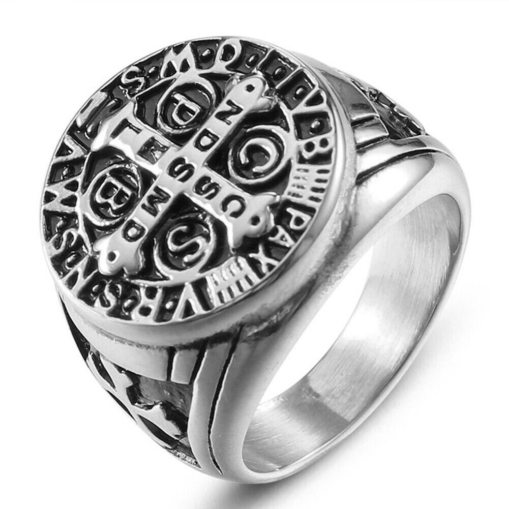 US St Benedict Exorcism Ring Silver Stainless Steel Catholic Roman Cross Demon