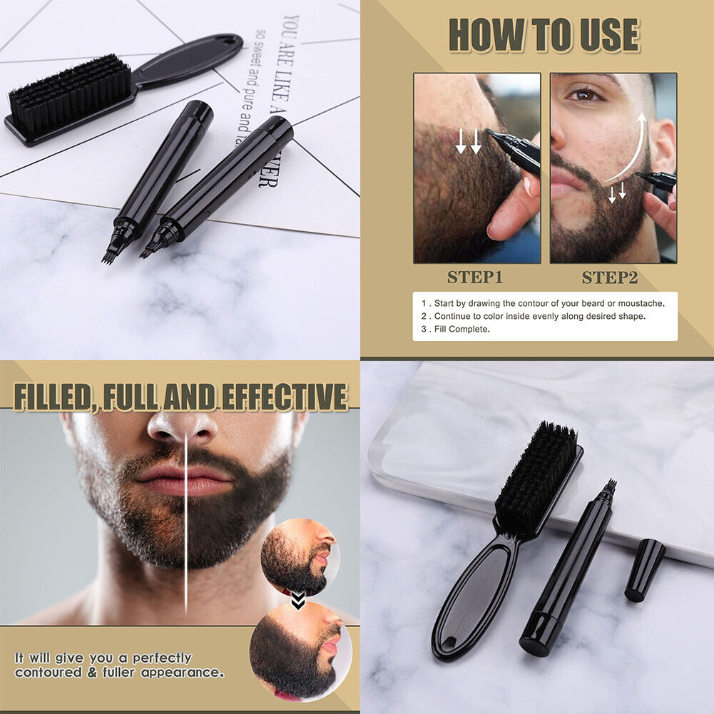 US 1-2 Pc Beard Pencil Filler Men Bristle Beard Brush Water Proof Micro-Fork Kit