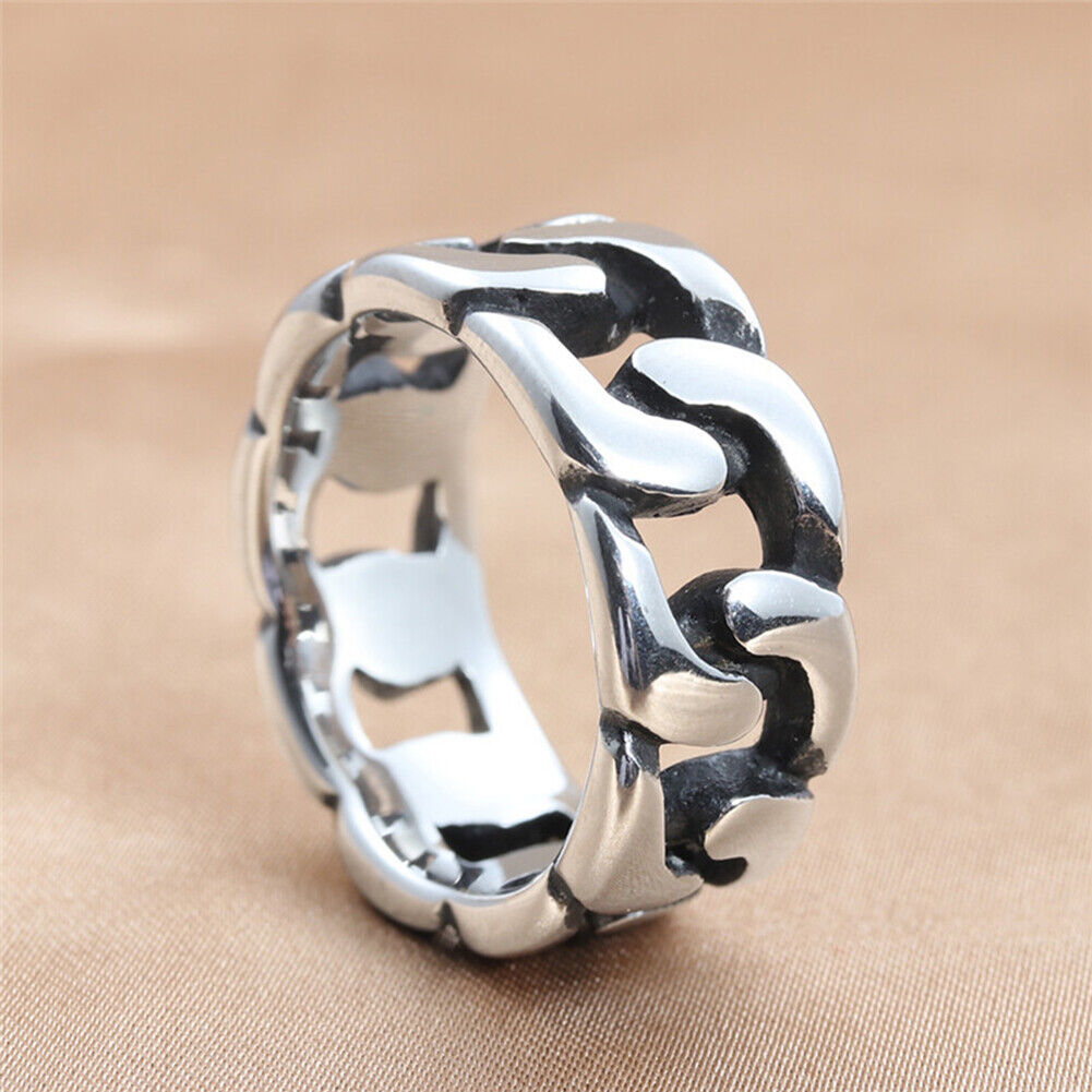 US Stainless Steel Cuban Link Ring Wide Curb Chain Band Biker Twisted Dome Ring