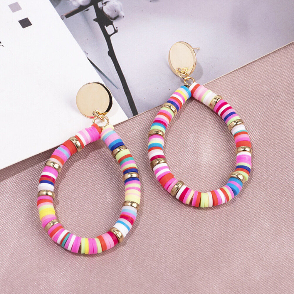 US 1-2Pairs Women Heishi Drop Earring Rainbow Vinyl Disc Bead Dangle Lightweight