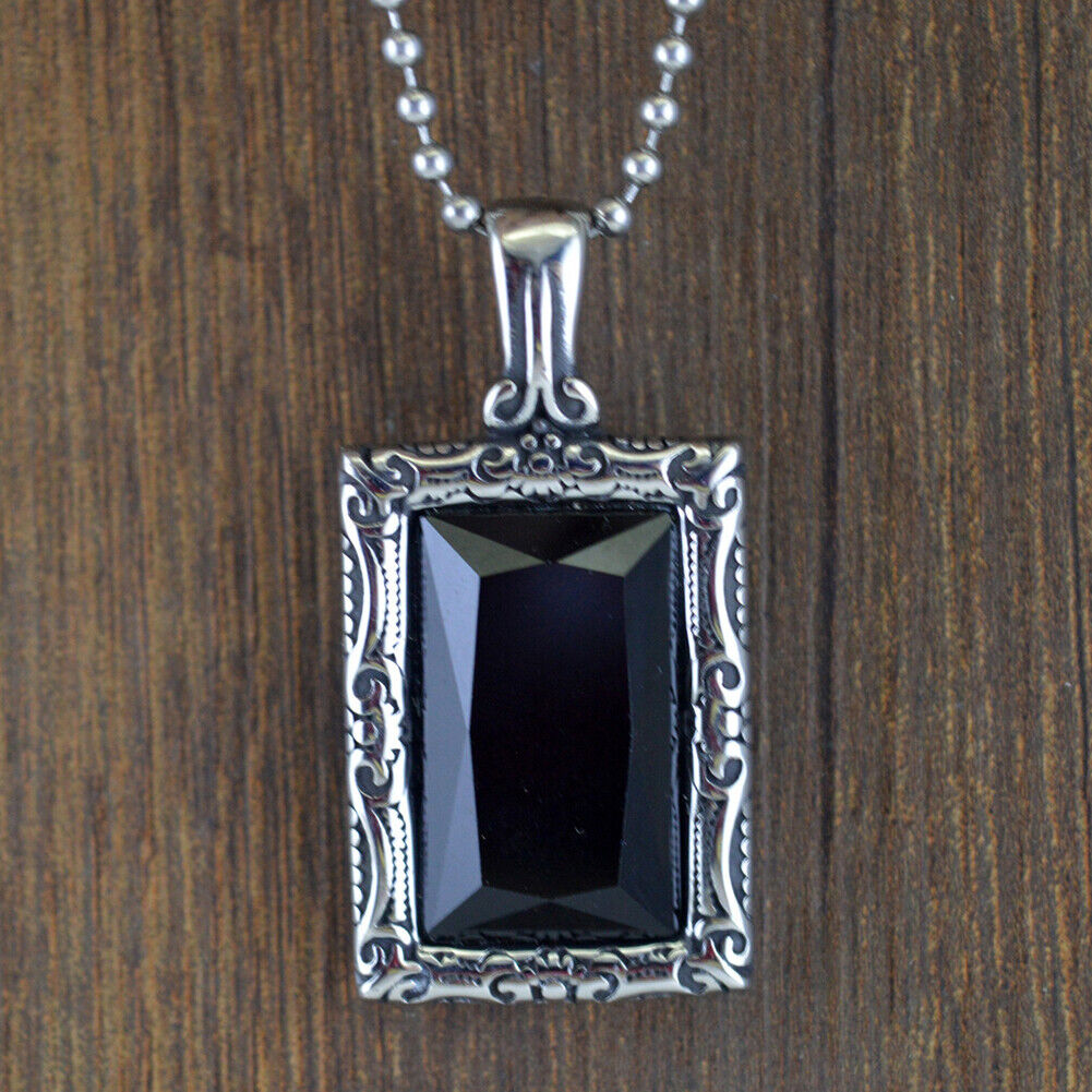 US 1-2 Pc Stainless Steel Mens Hip Hop Black Obsidian Stone Pendant Necklace Men