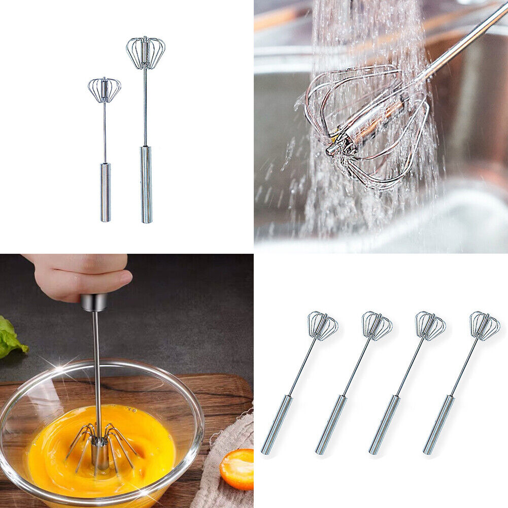 US 2-4Pc Stainless Steel Semi-Automatic Hand Push Egg Whisk Beater Mixer Blender