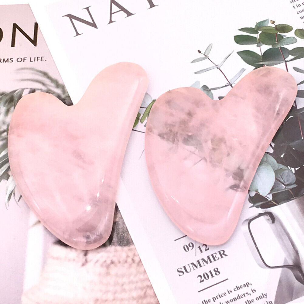 US 2 Pc Rose Quartz Gua Sha Massage Crystal Stone Tool Approx 60x80mm