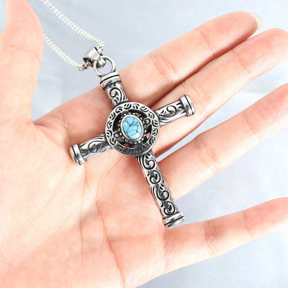US Men Celtic Norse Turquoise Cross Stainless Steel Necklace Gothic Pendant