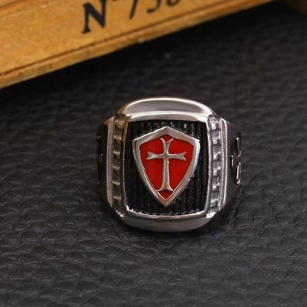 US 1-2 Pack Mens Shield Cross Knights Templar Ring Silver Stainless Steel