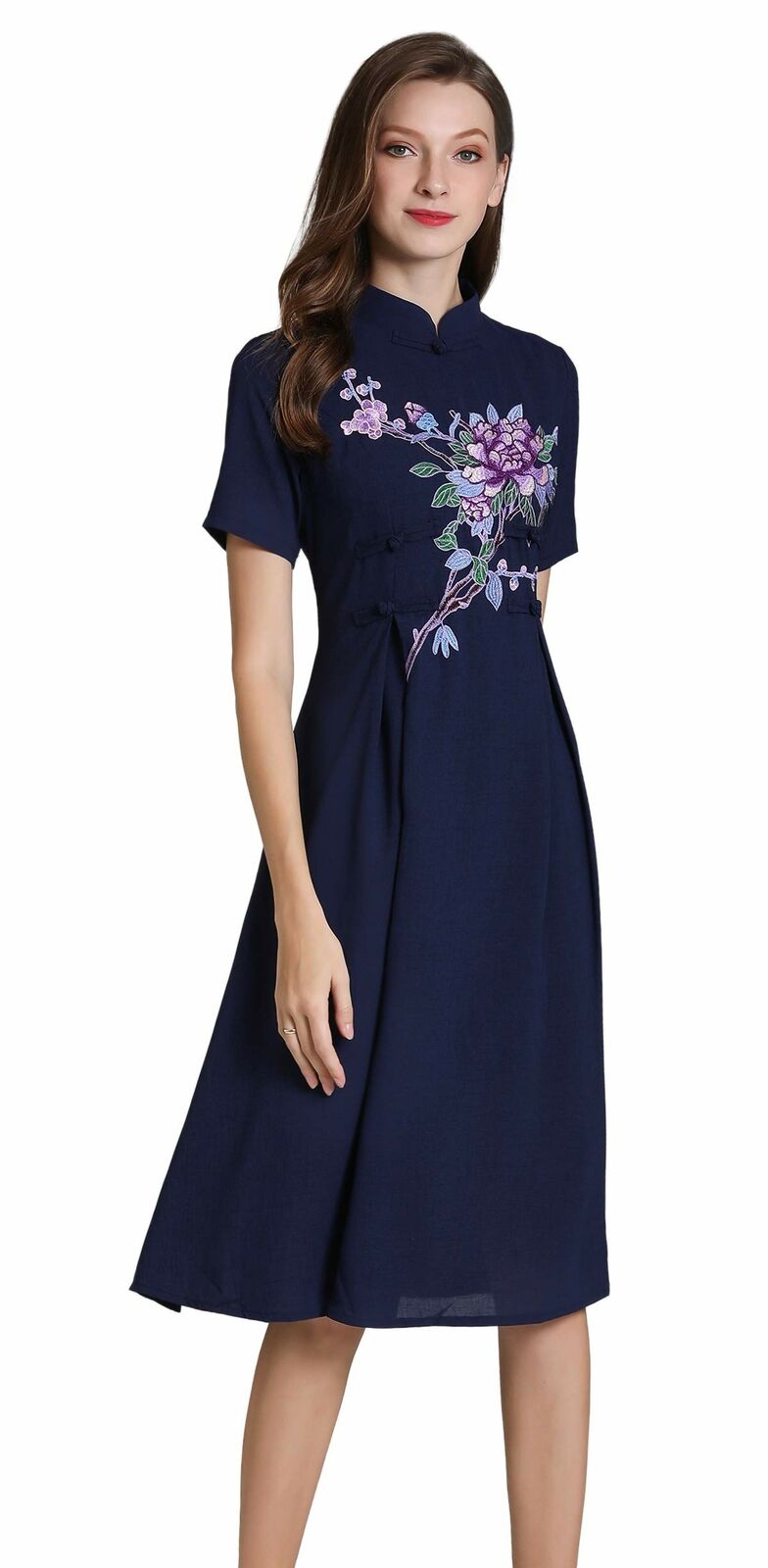Women's Short Sleeve Mexican Embroidered Floral Pleated A-line Cocktail Dress