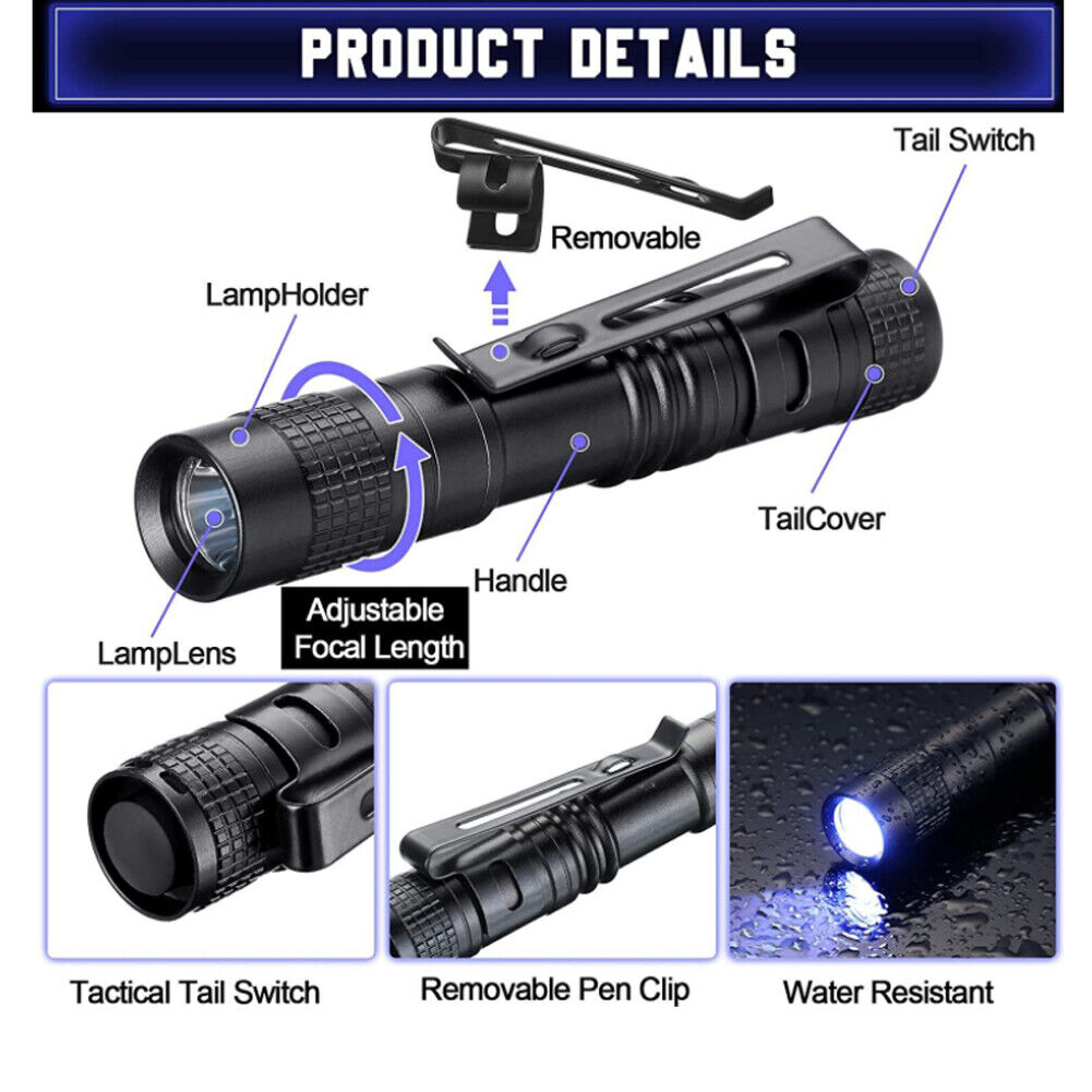 US 1-2 Pack Mini LED Flashlight Pocket Pen Ultra Bright Handheld for Camping