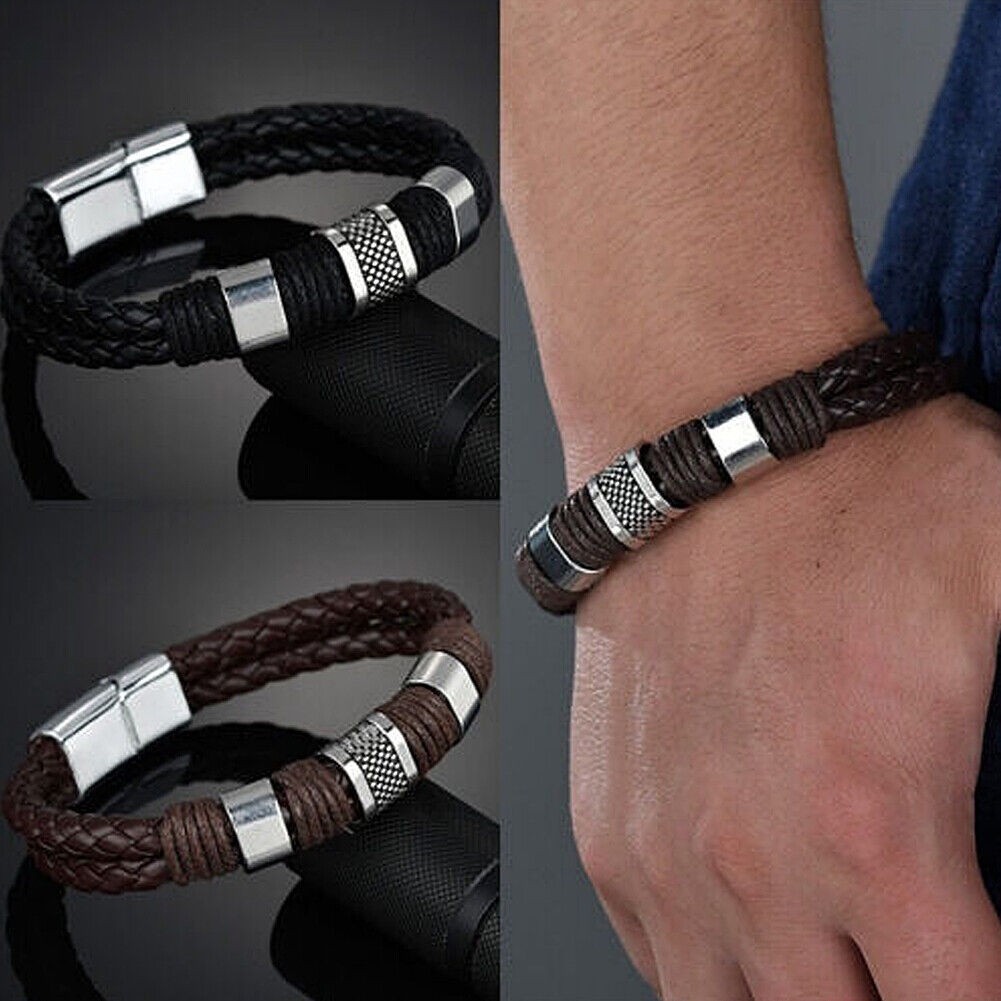 US 2-4 Leather Titanium Steel Braided Magnetic Clasp Bracelet Bangle Wrist Cuff