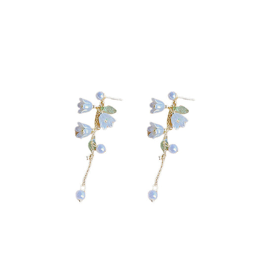 US White Fairy Flower Earrings Lily of the Valley w/ Pearl Long Tassel Earrings