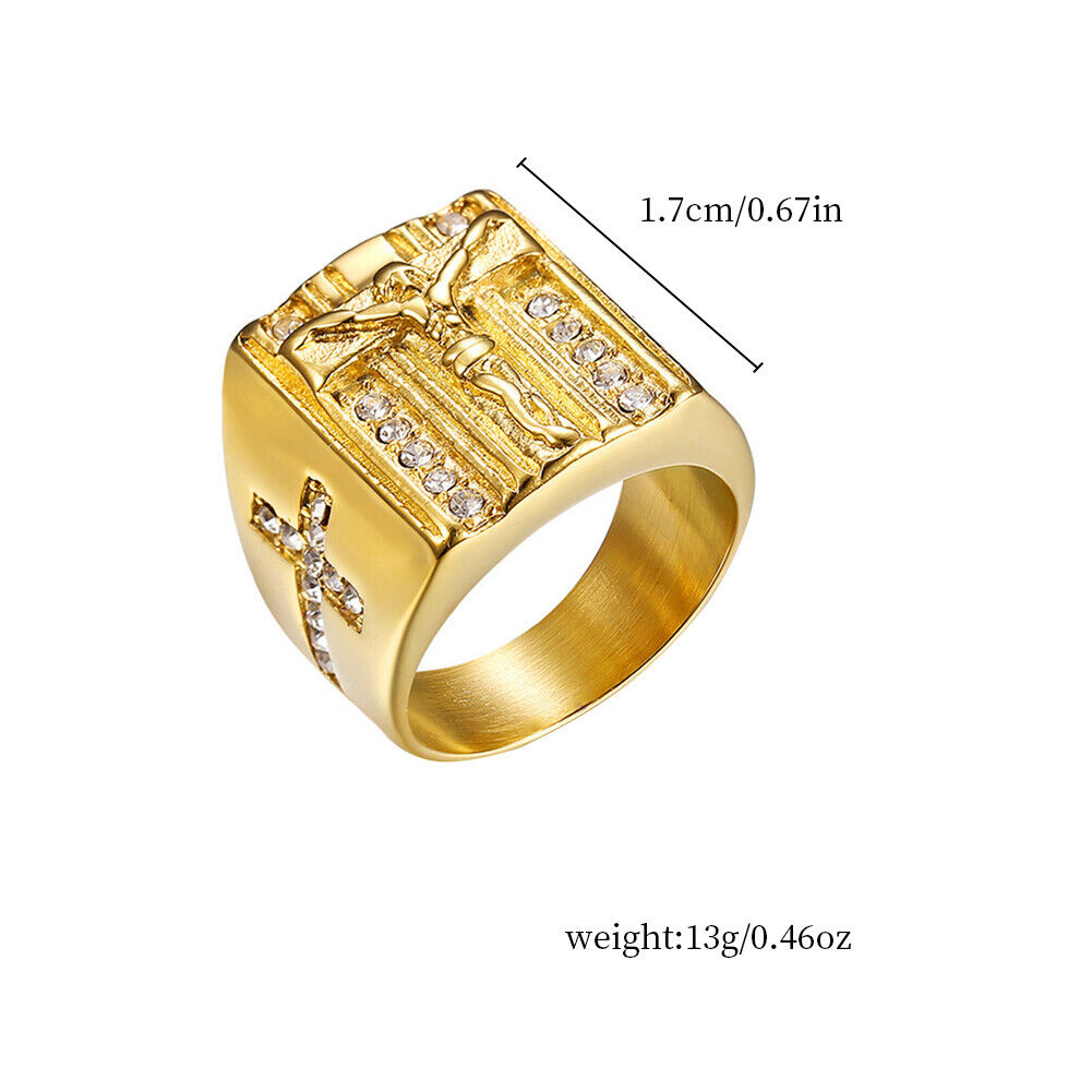 US Mens Stainless Steel Gold Plated CZ Jesus Cross Crucifix Ring Size 7 8-12