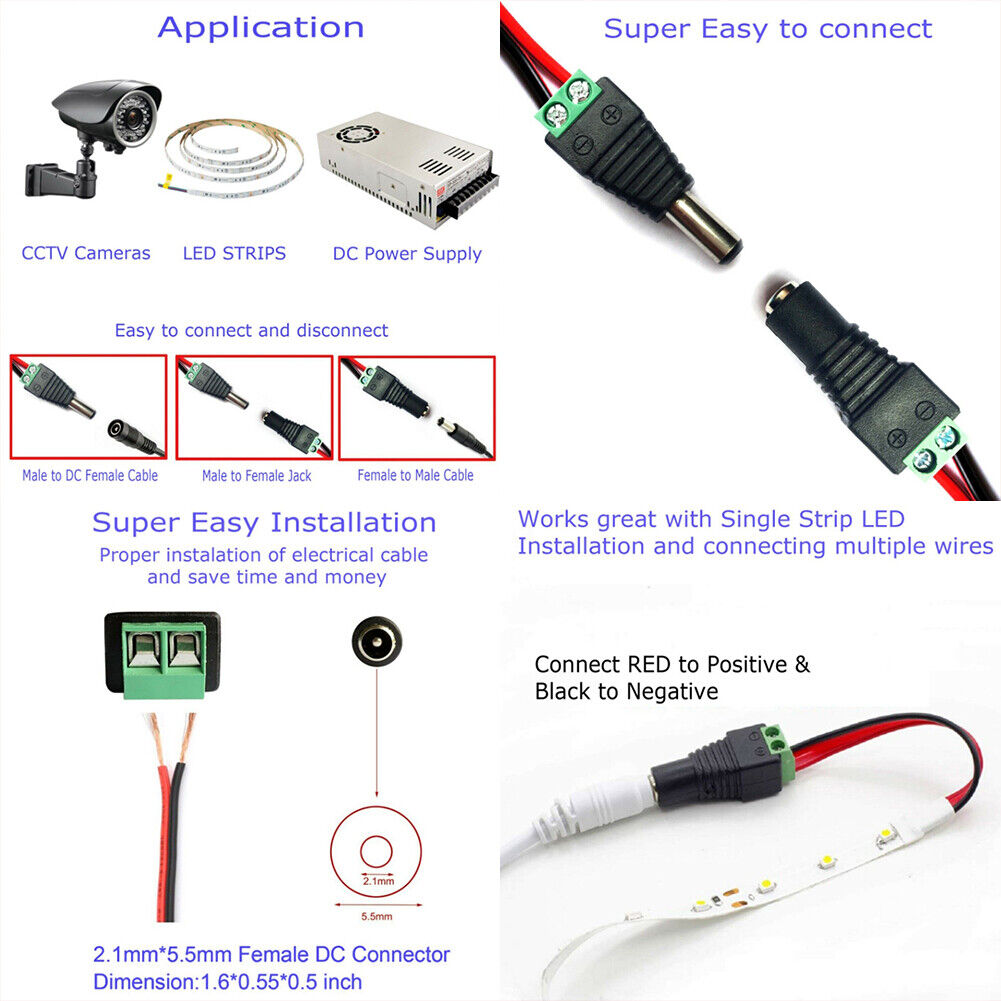 US 20-40 Pairs Female Male 12V DC Power Connector 5.5x 2.1mm Socket Jack Plug