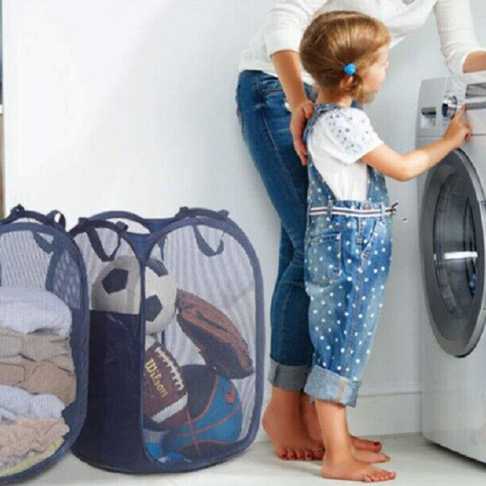 US 1-2 Pcs Laundry Baskets Foldable Pop Up Tidy Mesh Washing Laundry Basket Bag