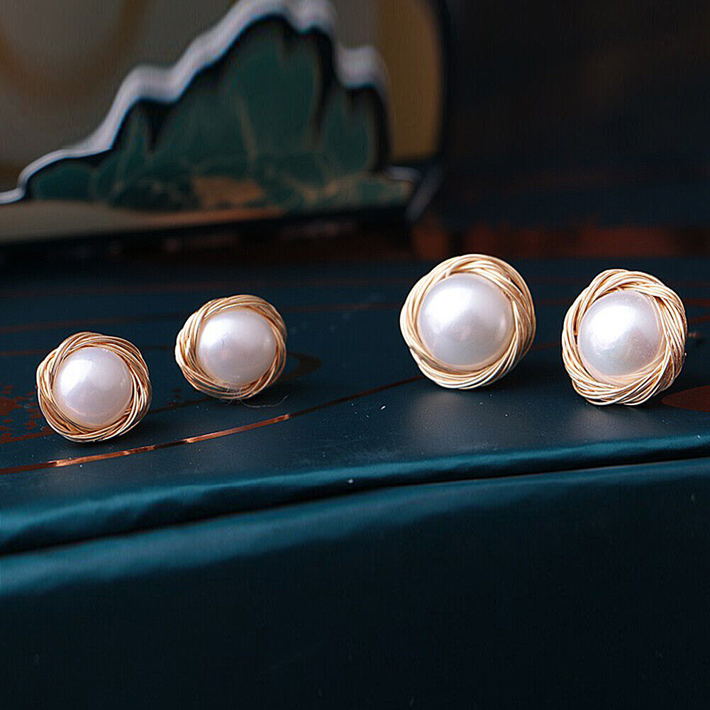 US 8~10mm Natural Freshwater Pearl Earrings 14K Gold Plated Studs Wedding Gifts