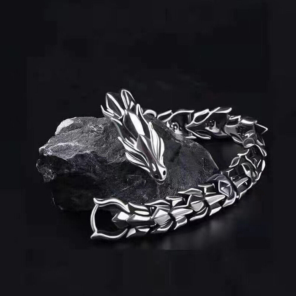 US Biker Rock Vintage Stainless Steel Link Dragon Scale Bangle Polished Bracelet